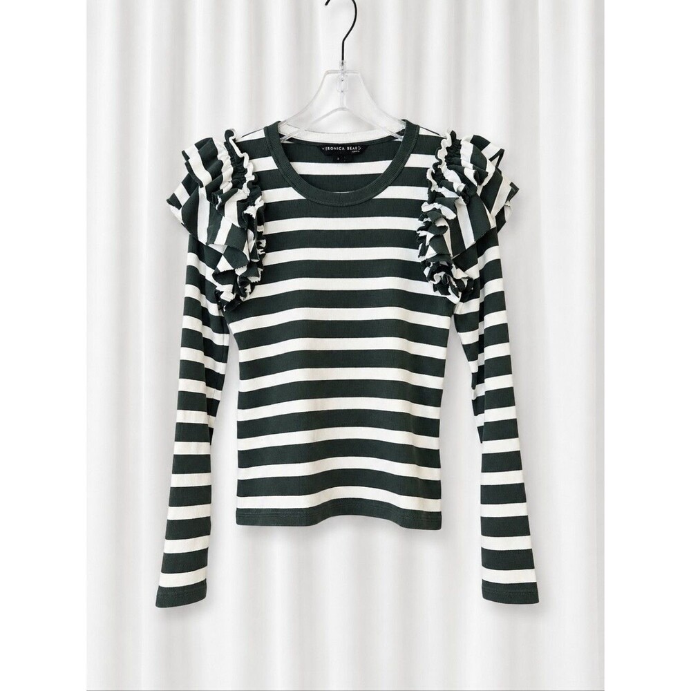 Veronica Beard Segrist Ruffle Shoulder Forest Green Stripe Pima Cotton Knit Top